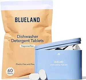 BLUELAND Dishwasher Detergent Tablet Starter Set - Unscented Plastic-Free & Eco Friendly Alternative to Liquid Pods or Sheets - Natural, Sustainable - 60 Washes