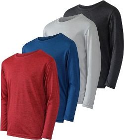 Real Essentials 4 Pack: Youth Dry-Fit Moisture Wicking Active Athletic Performance Long-Sleeve T-Shirt Boys & Girls