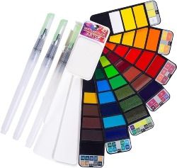 Watercolor Paint set – 42 Assorted Colors with 3 Brushes – Perfect Foldable Watercolor Field Sketch Set for Outdoor Painting –Travel Pocket Watercolor Kit