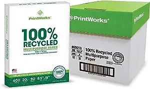Printworks 100 Percent Recycled Multipurpose Paper, 20 Pound, 92 Bright, 8.5 x 11 Inches, White, 6 Reams 2400 sheets (00018C)