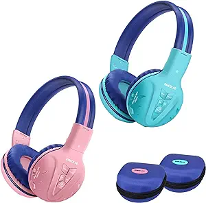 2 Pack of SIMOLIO Wireless Bluetooth Kids Headphone with Hard Case,Wireless Kids Safe Headphone Volume Limited, Wireless Headphones for Girls,Boys,Over-Ear Kids Headphone for School,Travel (Mint,Pink)