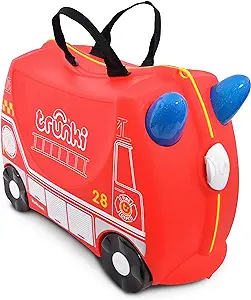 Trunki Ride-On Kids Suitcase | Tow-Along Toddler Luggage | Carry-On Cute Bag with Wheels | Kids Luggage and Airplane Travel Essentials: Frank Fire Truck Red