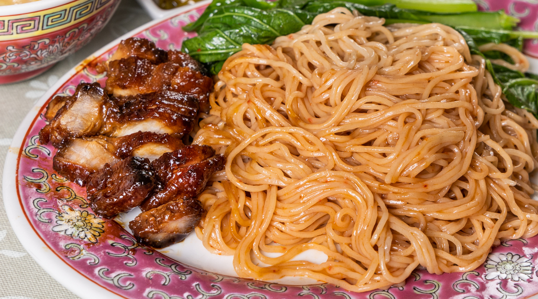 Yi Mien Noodles with roasted pork and vegetables