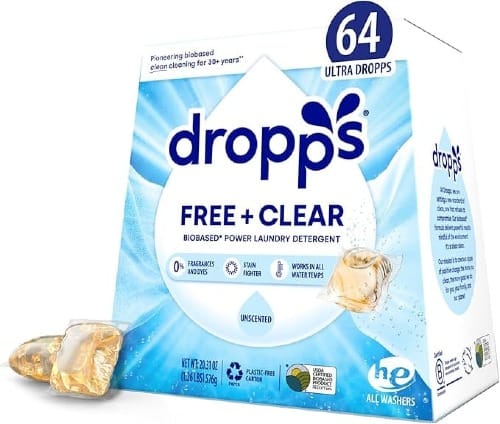 Dropps Stain & Odor Laundry Detergent, Unscented, 64 Pods, Fragrance Free, Plant-Based Ingredients, Low-Waste Packaging, Works In All Machines, High Efficiency