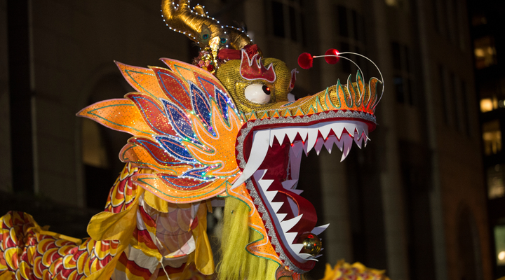 Close-up of Chinese dragon head in dragon dance performance at Chinese New Year celebration in San Francisco